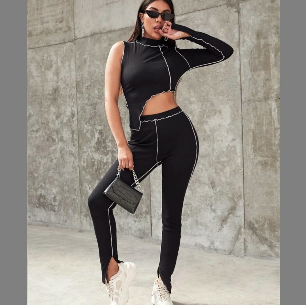Black One Shoulder Asymmetrical Top & Leggings Set